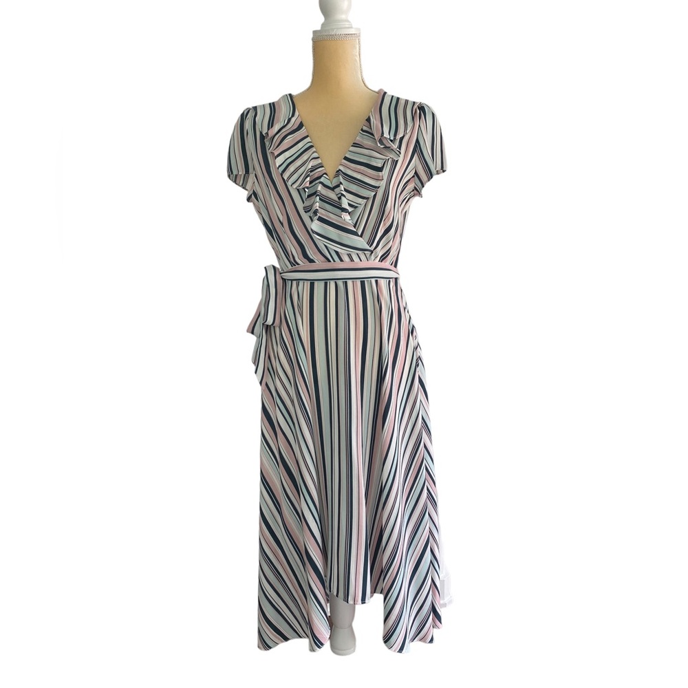 DN DESIGN Women’s Pink/Green Stripe Summer Ruffle Dress  Size: 8